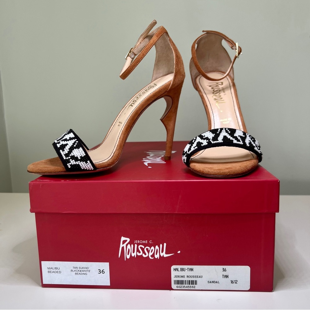 Jerome C. Rousseau Malibu Beaded Ankle Suede Leather Strapped Heel Sandal 36